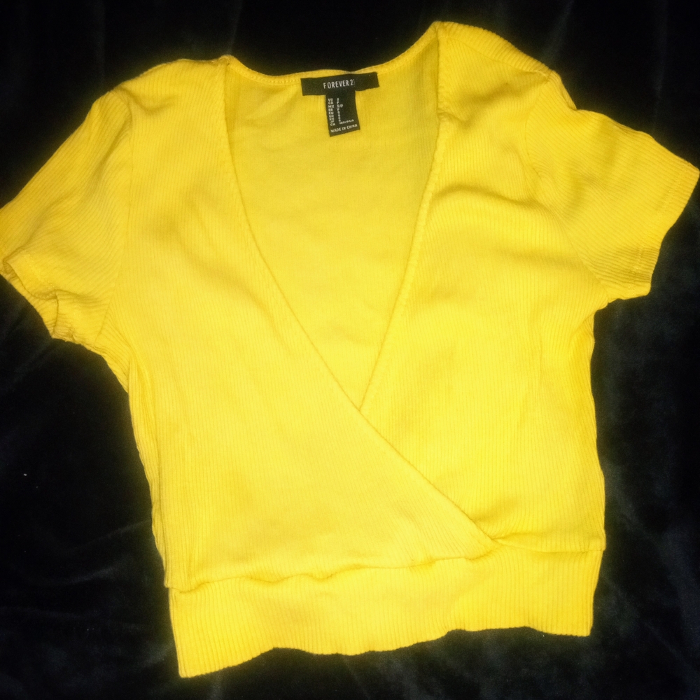 Forever 21 Yellow Short Sleeve Wrap Crop Top